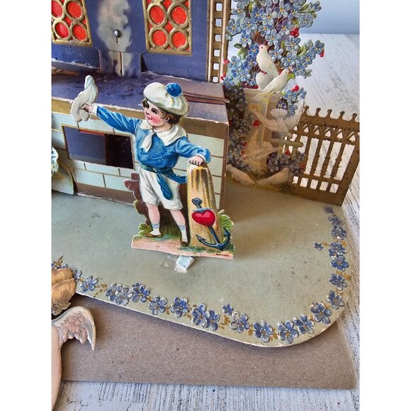 Antique Valentine 3D die cut card dog girl boy Germany cardboard‎ cutout - Picture 6 of 11